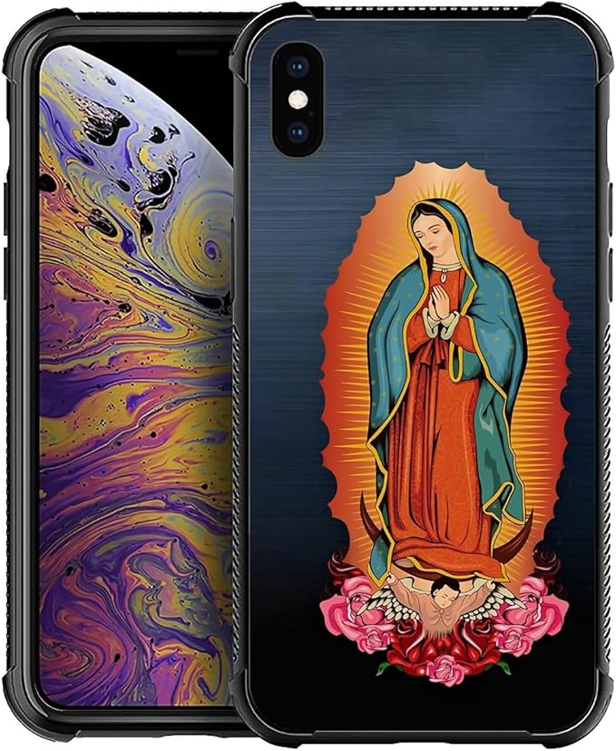 for iPhone X/Xs Case, Red Virgen Guadalupe Pattern Made of Soft Silicone Hard Acrylic Shock Protection for iPhone X/Xs