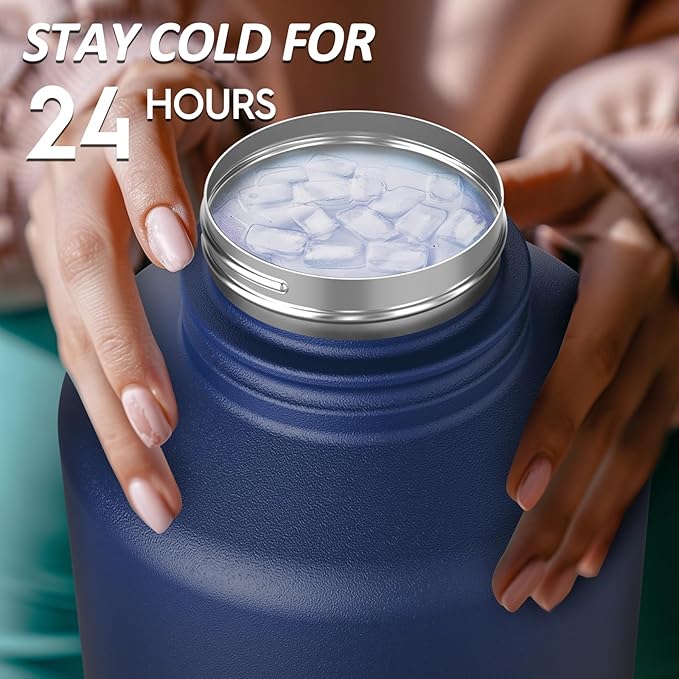 Navigate 64 oz Stainless Steel Insulated Water Bottle,Double Walled Leak Proof Keep Cold for 24 Hrs Hot for 12 Hrs,Wide Mouth Water Jug with Spout & Handle Lids,Blue to Black