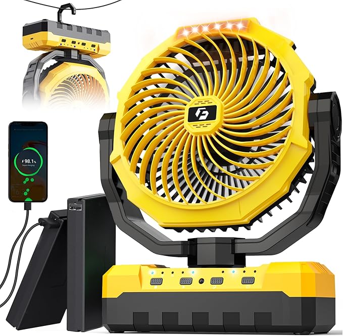 Korbot 36000mAh Portable Camping Fan - 120HRS Rechargeable Fan with Detachable Battery with LED & Remote - 4 Speeds Battery Powered for Tent,Travel, Office, Jobsite