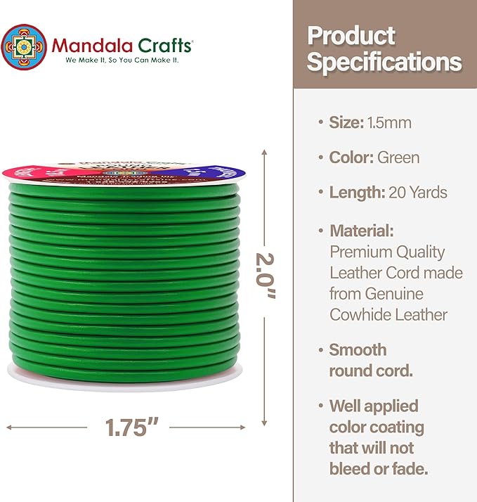Mandala Crafts Round Genuine Green Leather Cord for Jewelry Making – 1.5mm Cowhide Leather Rope String Lace for Kumihimo – 20 Yards Cowhide Craft Cording Spool