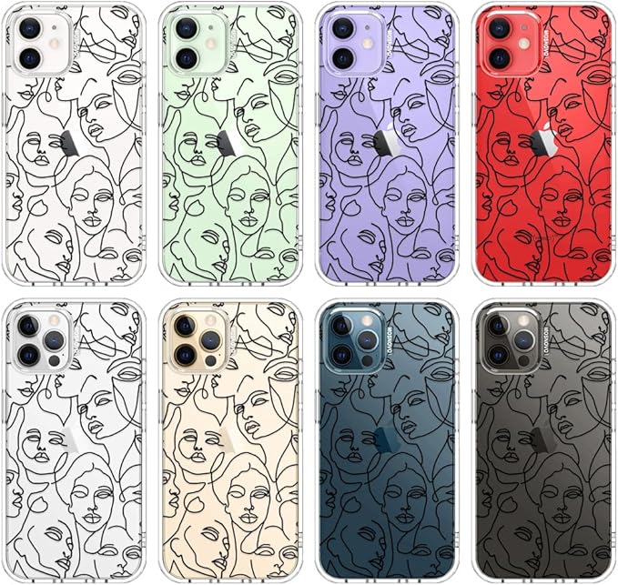 MOSNOVO Case for iPhone 12 & iPhone 12 Pro, [Buffertech 6.6ft Military-Grade Drop Protection] [Anti Peel Off Tech] Clear TPU Bumper Phone Case Cover Design - Abstract Face Line Art