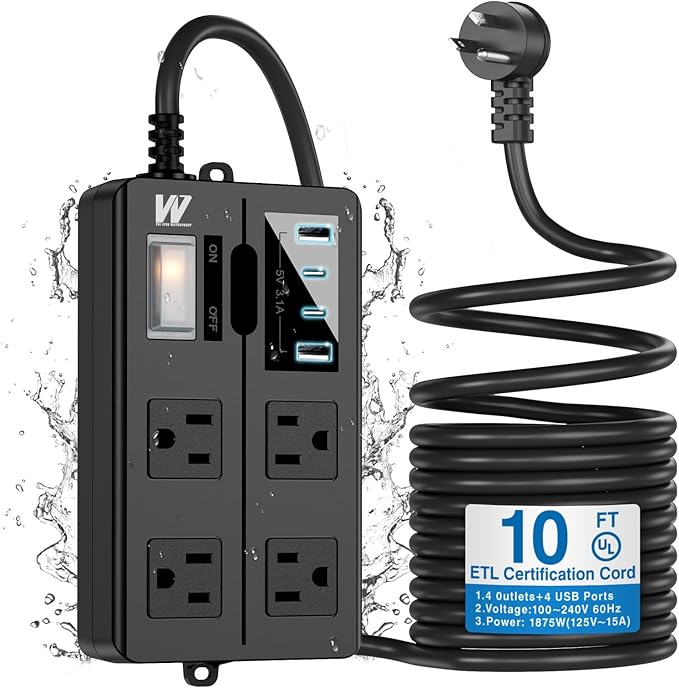 10FT Outdoor Waterproof Power Strip Surge Protector with 4AC Outlets 4USB Ports Power Switch Safety Lock, ETL Certified for Patio Garden Charging