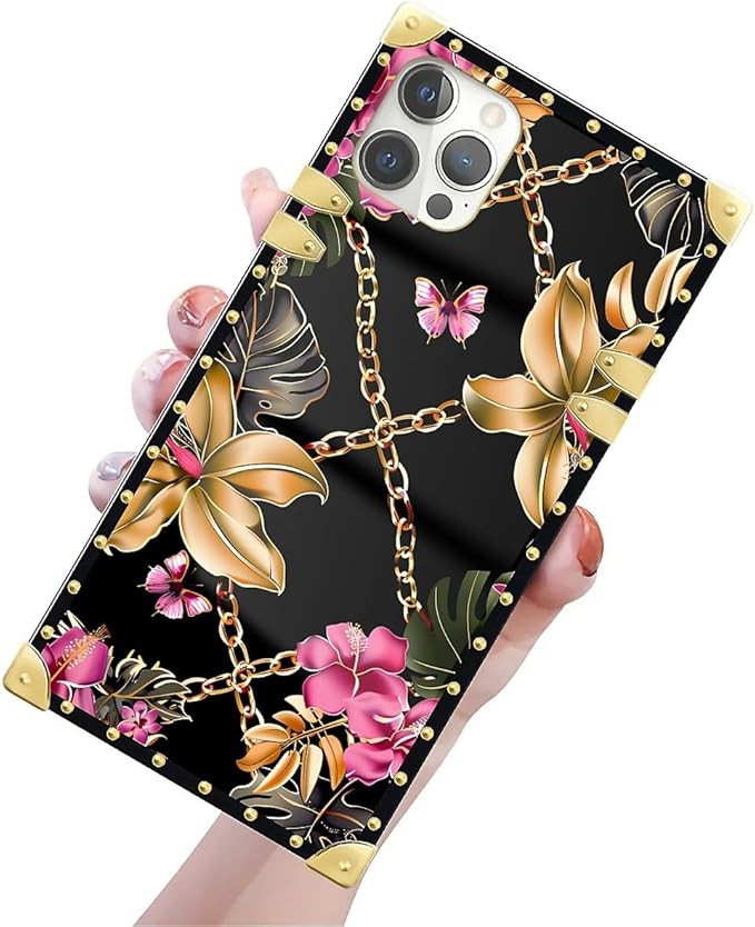 Compatible with iPhone 12 12 Pro Case, Pink Golden Chain Tropical Flower Luxury Golden Decoration for Girl Women Soft TPU Shockproof Protective Hard PC Back for iPhone 12 12 Pro