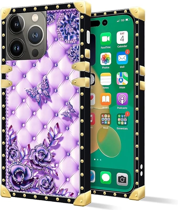 Compatible with iPhone 14 Pro Max Case, Purple Butterfly Flowers Leaf Luxury Golden Decoration for Girl Women Soft TPU Shockproof Protective Hard PC Back for iPhone 14 Pro Max