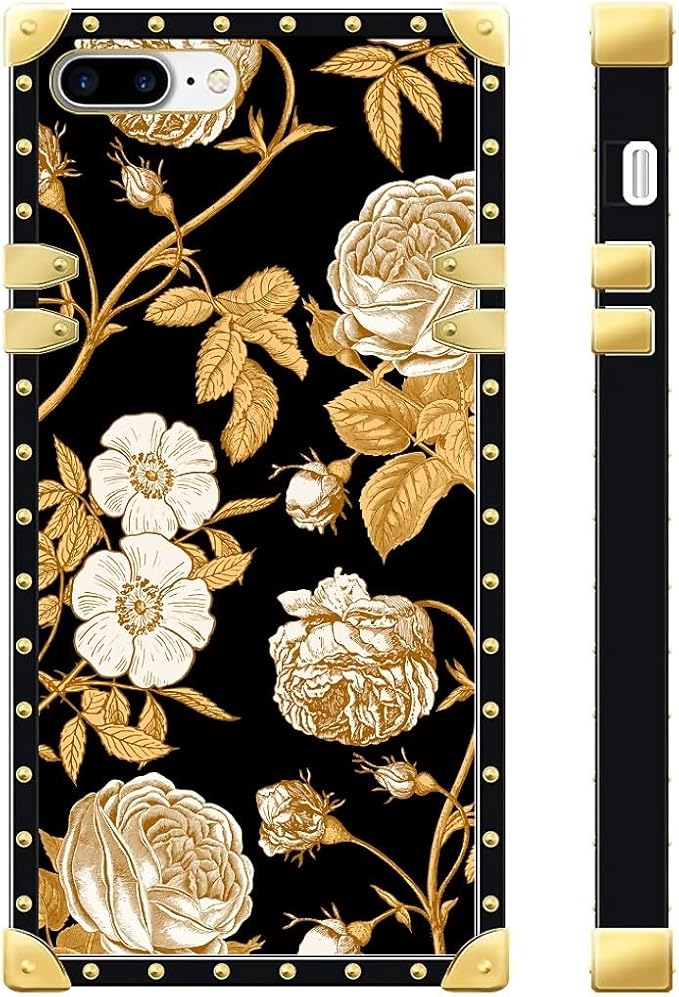 Compatible with iPhone 8 7 SE Case, Blooming Rose Golden Flower Luxury Golden Decoration for Girl Women Soft TPU Shockproof Protective Hard PC Back for iPhone 8 7 SE