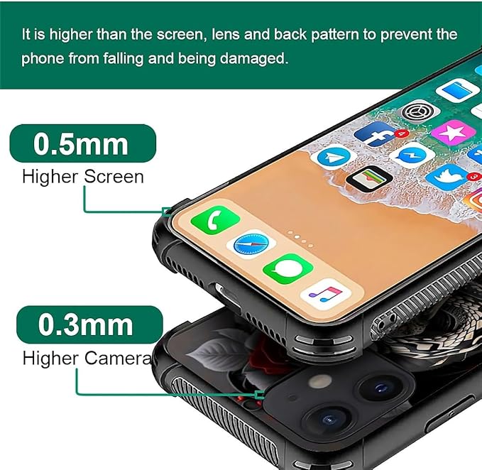 for iPhone 12/12 Pro Case, Entwined Rose Snake Pattern Graphic Design Girl Boy Soft Silicone Hard Acrylic Shock Protection for iPhone 12/12 Pro