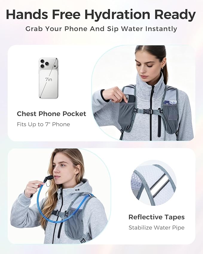 Blue Quartz Rave Hydration Backpack, Reflective Hiking Pack with 2L Water Bladder & Phone Pocket, Hydro Pack with Insulated Compartment for Festival Running Cycling for Men Women