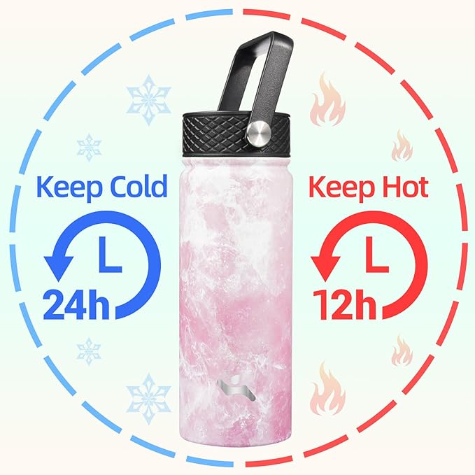 Konokyo 18 oz Insulated Water Bottle Stainless Steel Sport Bottles with 3 Lids,Marble Blossom