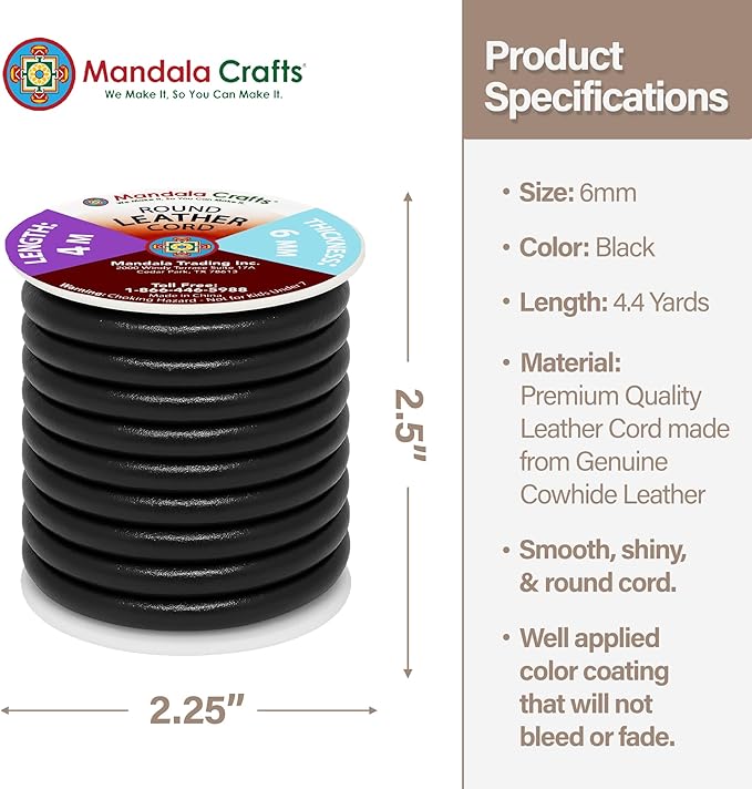 Mandala Crafts Round Genuine Black Leather Cord for Jewelry Making – 6mm Cowhide Leather Rope String Lace for Kumihimo – 4.4 Yards Cowhide Craft Cording Spool