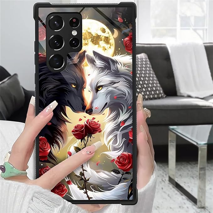for Samsung Galaxy S23 Ultra Case, Black White Wolf Moon Flower Rose Pattern Graphic Design Girl Boy Soft Silicone Hard Acrylic Shock Protection for Samsung Galaxy S23 Ultra