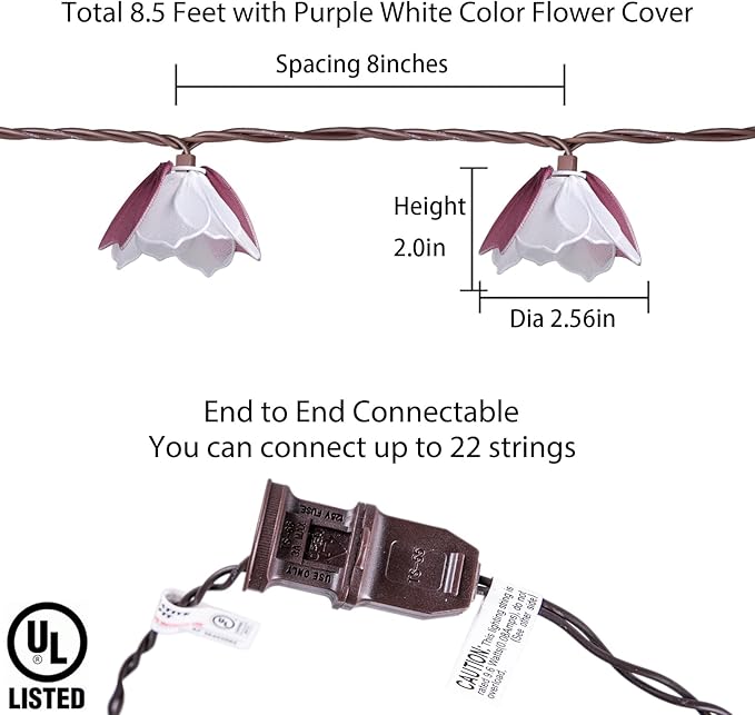 TWINKVILLA Decorative String Lights Plug in with 10 Bulbs, Flower Garland Fairy Lights Connectable Weatherproof Outdoor Indoor for Wedding Pergola Bedroom Porch Floral Home Decor (Purple White)