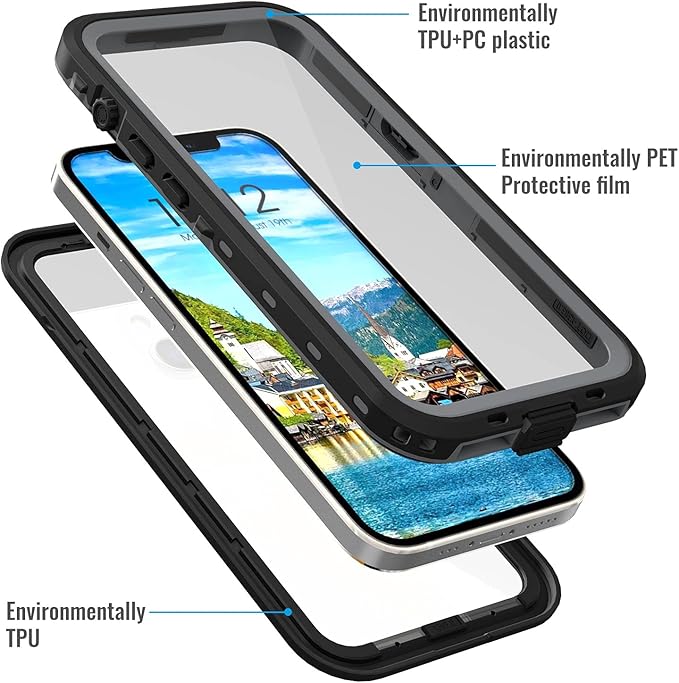 Waterproof Phone Case Compatible with iPhone 13, IP68 Waterproof Shockproof Dust-Proof Phone Case with Built in Screen Protector, Full Body Protective Case (Black, iPhone 13)