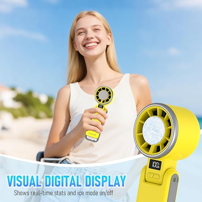 PlayHot Portable Handheld Turbo Fan with Ice Cooling, Rechargeable Personal Fan, Up tp 12Hrs Cooling, 5 Speed 25550RPM Powerful Portable Fan for Travel, Outdoor, Camping, Hiking (Yellow)