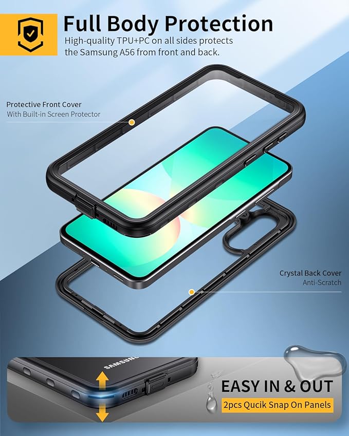 Lanhiem for Samsung Galaxy A56 Phone Case, IP68 Waterproof Dustproof, Built-in Screen Protector, Rugged Full Body Shockproof Protective Cover for Samsung A56 6.7", Black