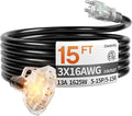 15 ft 16/3 awg 3 Outlet Extension Cord Splitter with Indicator, Waterproof Indoor/Outdoor Extension Cord with Multiple Outlets, 13A 1625W for Home & Workshop, ETL Listed, Flexible Black SJTW