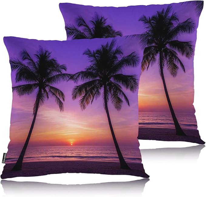 Swono Tropical Beach Throws Pillows Covers for Couch, Sunset Ocean Beach Palm Trees Decorative Pillow Cases for Men Women, Comfortable Pillow Cushion Cover Pack of 2 18"X18" for Home Sofa Bed Purple