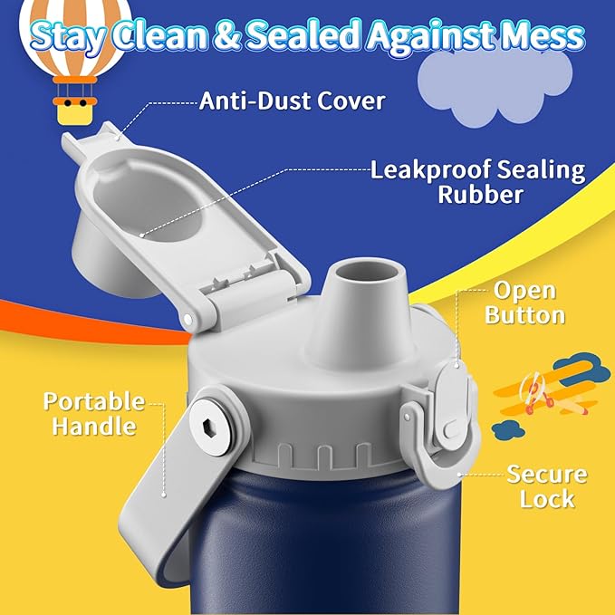 baab 18oz Kids Water Bottle, Insulated Kids Water Bottle with Lockable Spout Lid & Stickers, 18/8 Stainless Steel Vacuum Leakproof Kid Water Cup with Handle for Boy Girl & School (Grey+Navy Blue)