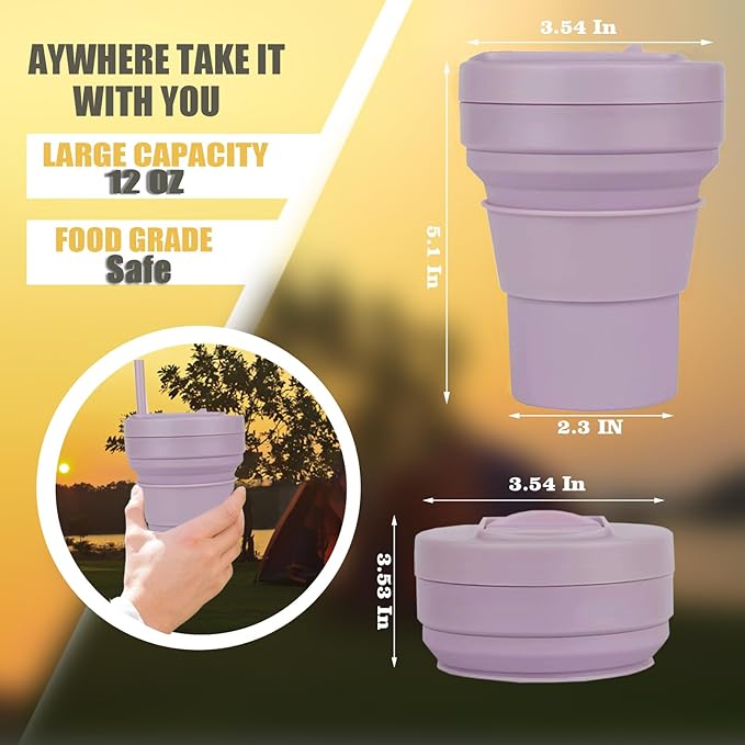 12 Oz Silicone Collapsible Travel Cup,Portable Silicone Water Bottle for Hot and Cold Beverages, Reusable Folding Drinking Cup with Lids 350ml for Camp Hiking Travel with Straw - Purple