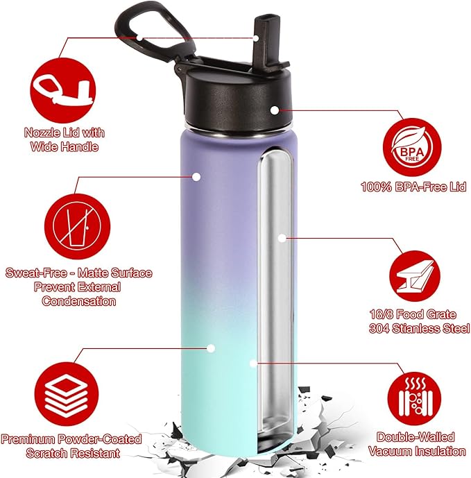 Volhoply 24oz Insulated Water Bottle With Straw Bulk 6 Pack,Metal Wide Mouth Water Bottles With Handle Keep Cold,Reusable Double Wall Cups,Powder Coated Sport Bottle For Holder(Purple Blue,6 Count)