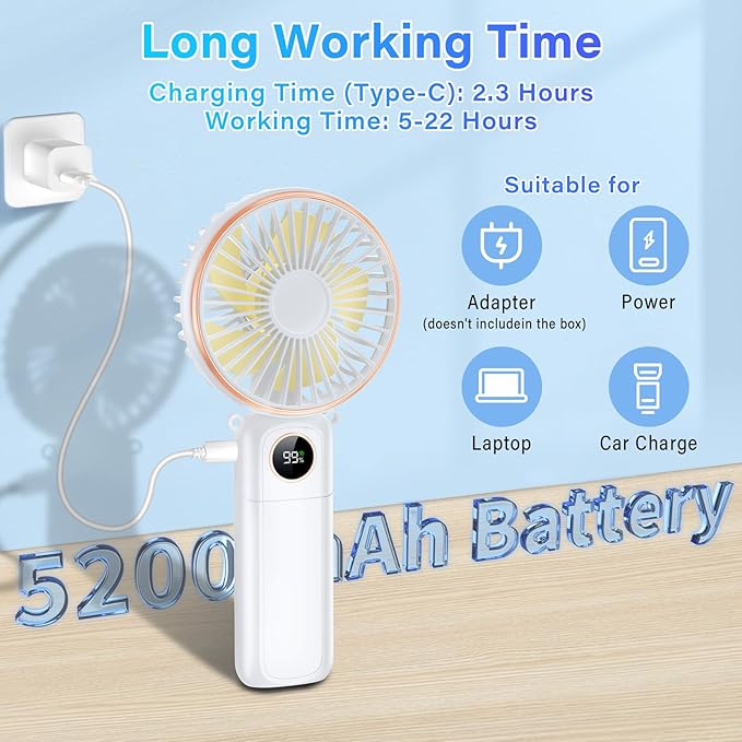 Portable Handheld Fan 5200mAh, USB Rechargeable Foldable Electric Personal Small Mini Hand Held Fan, 22Hrs Runtime, 6 Speeds, LED Display, Battery Powered, Gift for Men, Women, Travel, Outdoor, Makeup