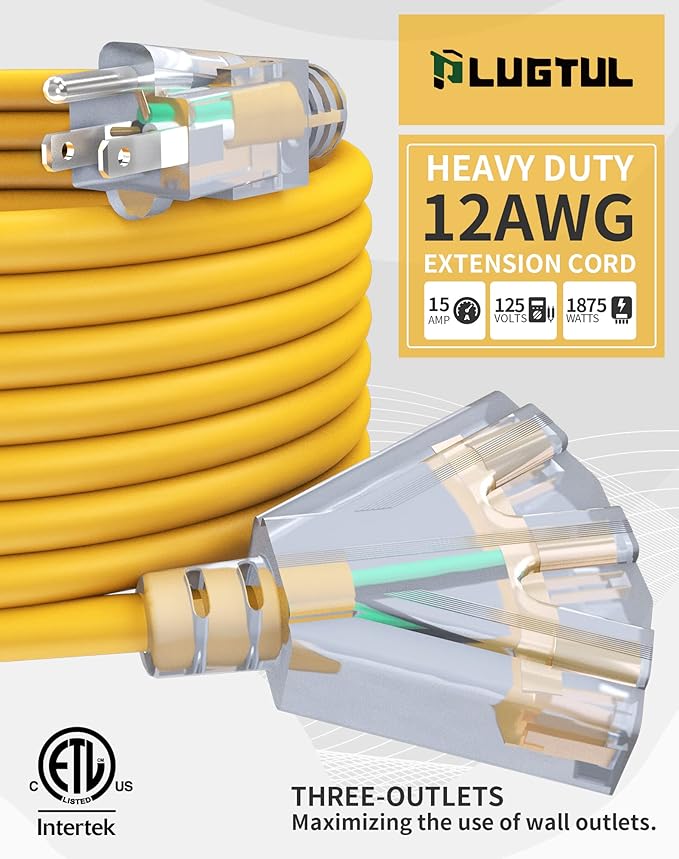 2FT 12 Gauge Outdoor Extension Cord with 3-Outlets, 3Pack, Heavy Duty 3 Prong Extension Cord Waterproof with Lighted end, 15A 12AWG 1875W SJTW, ETL Listed, Yellow