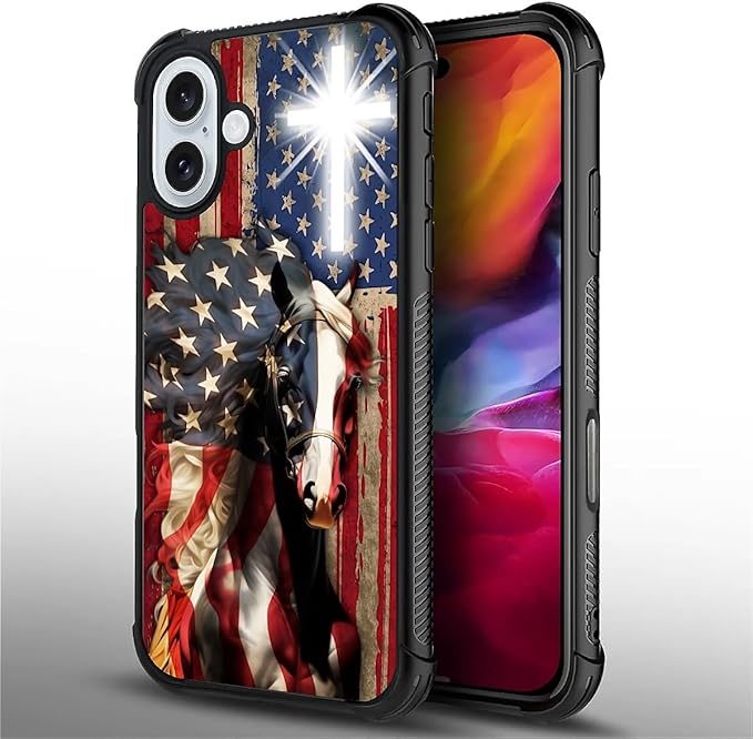 for iPhone 16 Plus Case, Red American Flag Horse Cross Pattern Graphic Design Girl Boy Soft Silicone Hard Acrylic Shock Protection for iPhone 16 Plus