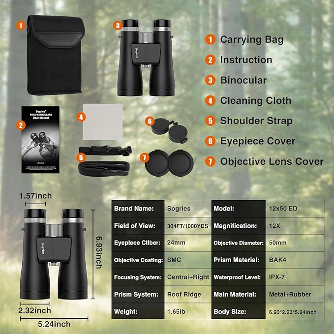 12x50 ED Binoculars for Adults-Professional Roof Prism,HD Optical System Non-Slip Grip, IPX7 Waterproof,High Power BAK4 Prism SMC Lens Binoculars for Bird Watching Travel