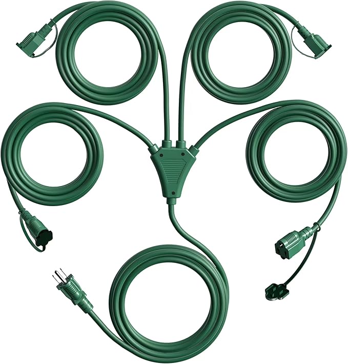 Eversimpleinc 1 to 4 Splitter Extension Cord (Combined 31 FT, End to End 13 FT), 3 Prong Plug with 4 Extended Outlets, with Weatherproof Covers for Indoor