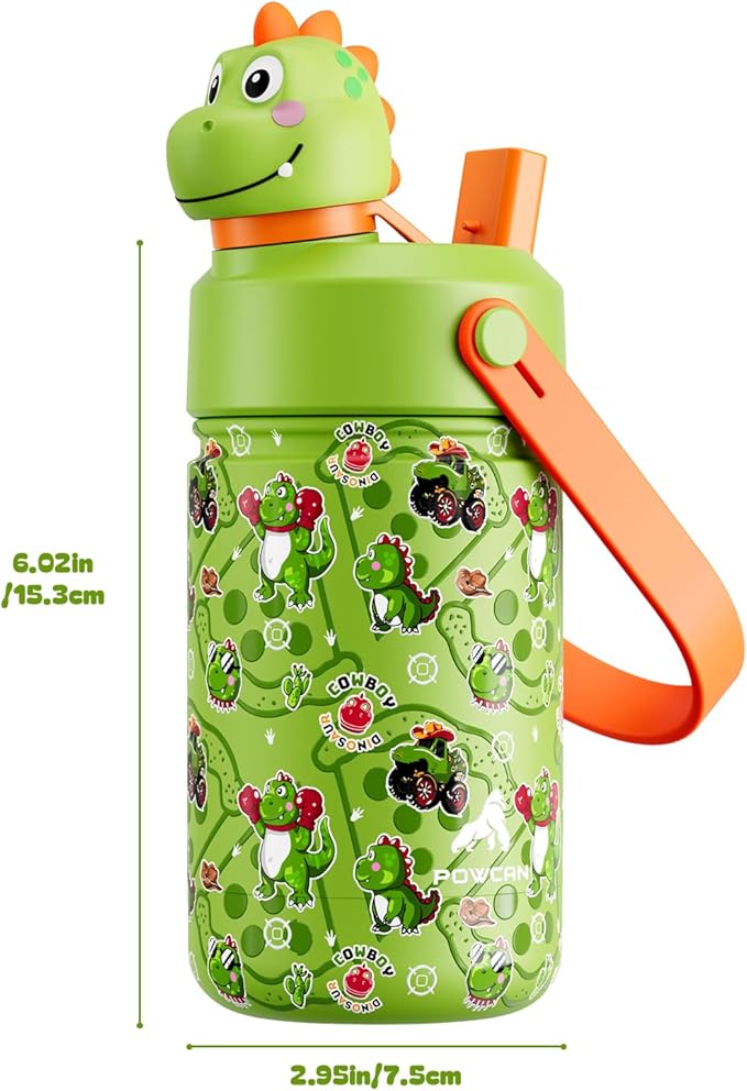 POWCAN 12 oz Kids Stainless Steel Water Bottle: 2-in-1 Straw Spout Lid with Soft Animal Head, Leakproof, Car Cupholder Friendly, Keep Cold 24H, Insulated Bottle for School, Sports, Camp (Cowboy Rex)