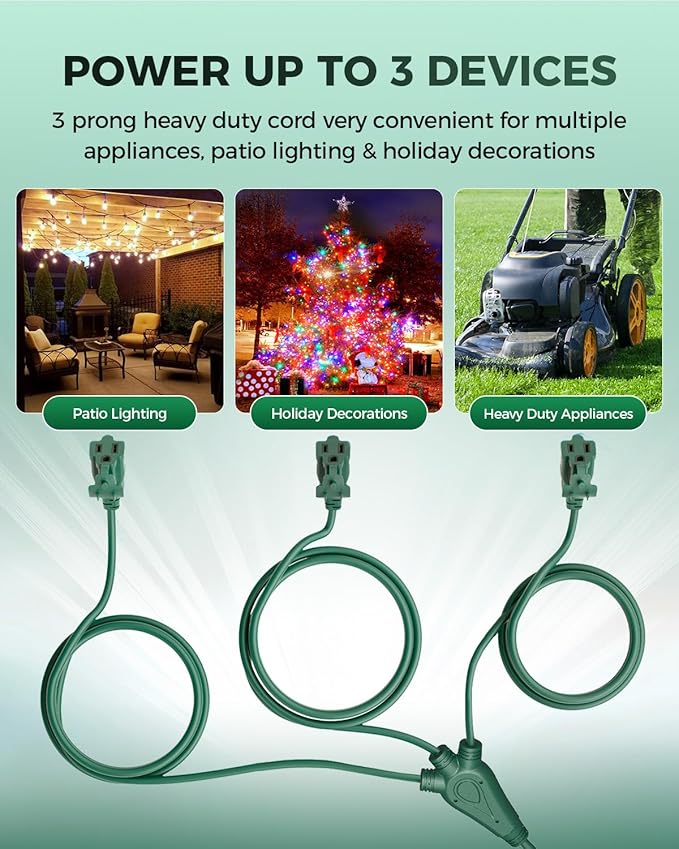 28 Ft Outdoor Power Cord, 1 to 3 Splitter Heavy Duty Weatherproof Extension Cord, 16/3 SJTW, 3 Grounded Outlets Flat Plug for Patio, Garden Displays, Lights, Green ﻿