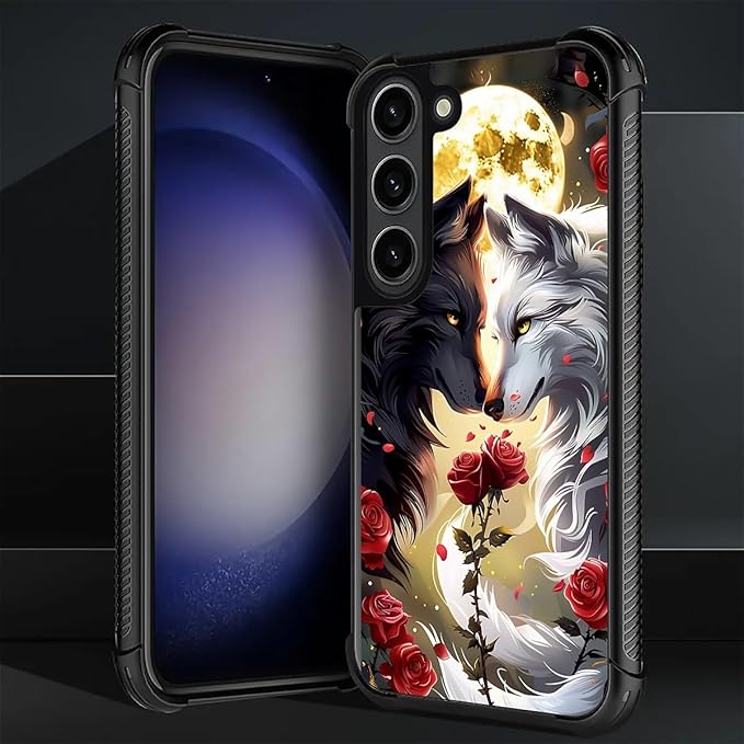 for Samsung Galaxy S23 Case, Black White Wolf Moon Flower Rose Pattern Graphic Design Girl Boy Soft Silicone Hard Acrylic Shock Protection for Samsung Galaxy S23
