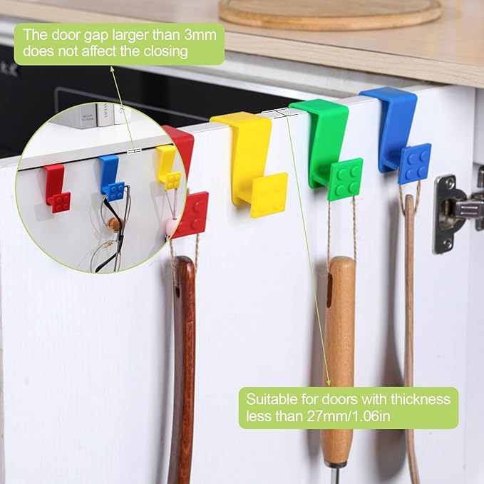 12Pcs Over Cabinet Door Hooks Plastic Over The Door Single Hook Space-Saving Hanger Extender Clips Multi-Purpose Hook for Kitchen Bathroom Bedroom(Colorful)