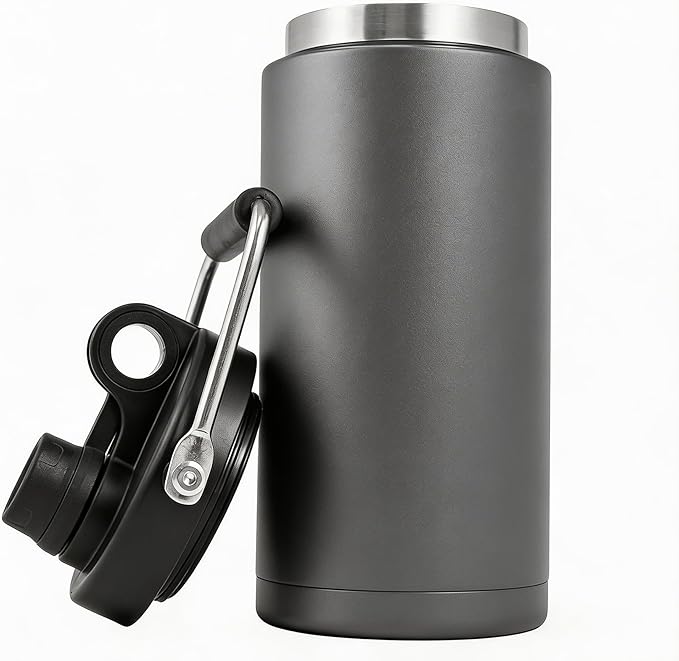 Kerilyn Insulated Half Gallon Jug with Handle, 64oz Stainless Steel, Large Double Vacuum Water Bottle for Hot & Cold Drinks, Wide Mouth, Sweat Proof, Great for Travel, Camping, Grey