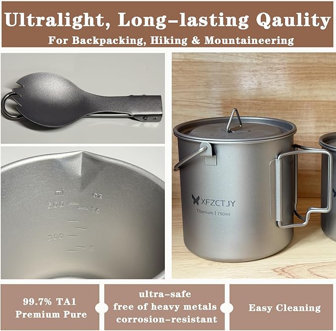750ml Ultralight Titanium Camping Pot With Lid Spork,With Foldable Handle Detachable Bail For Backpacking, Hiking Mountaineering