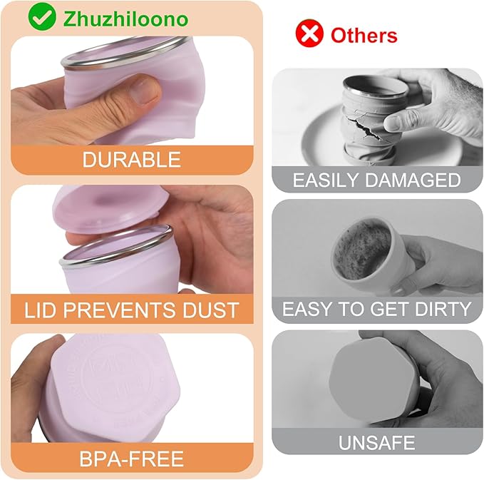 Collapsible Travel Cup with Lid (6oz/180ml) - BPA Free Silicone Folding Cup with Stainless Steel Rim - Portable Pocket Cup for Mouthwash,Pills, Hiking, Camping & Kids(Light purple)
