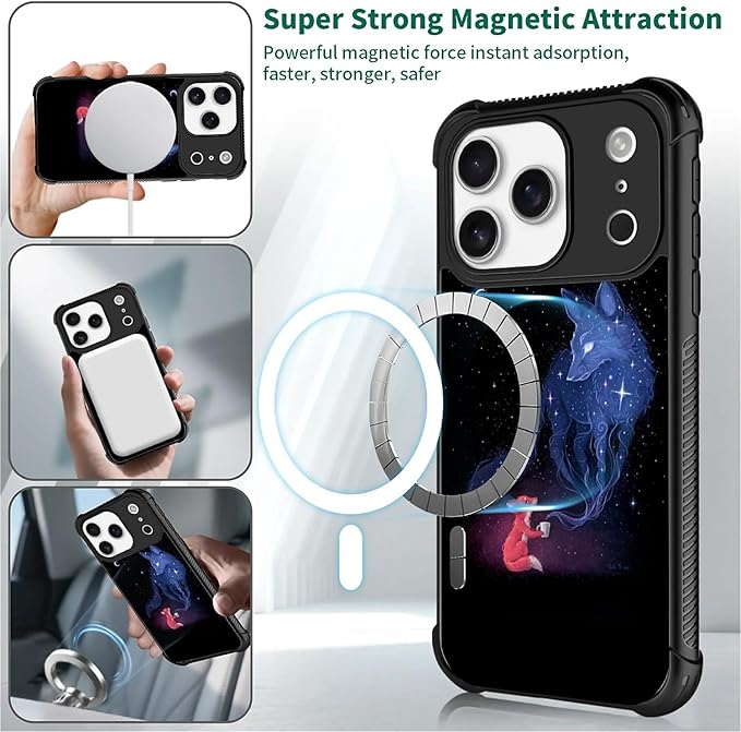 for iPhone 17 Pro Case,for MagSafe Graphic Design for Girl Boy Soft Silicone Hard Acrylic Shock Protection Designed for iPhone 17 Pro Galaxy Fox Wolf Pattern