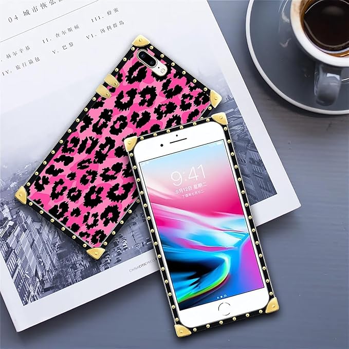 Compatible with iPhone 8 Plus 7 Plus Case, Pink Black Leopard Luxury Golden Decoration for Girl Women Soft TPU Shockproof Protective Hard PC Back for iPhone 8 Plus 7 Plus