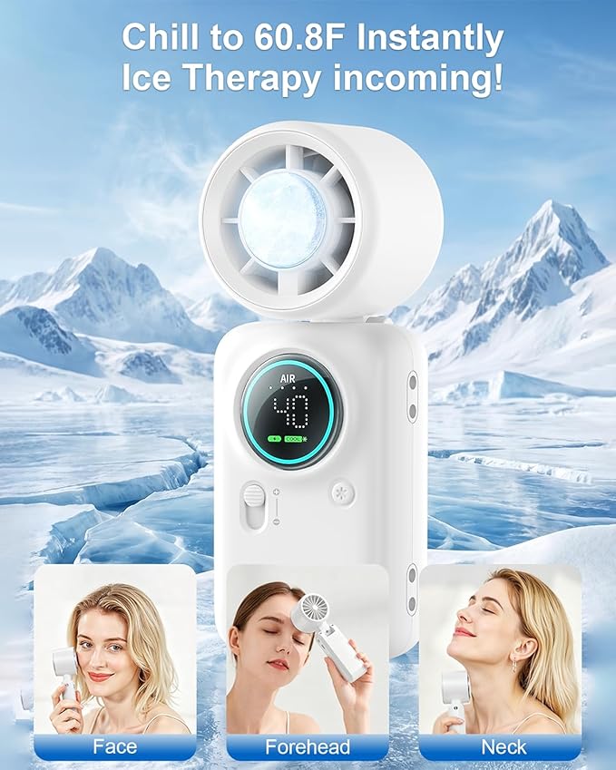 Handheld Turbo Fan with Ice Cooling, High Speed Personal Fan, Neck Fan Rechargeable Battery Up to 20H, Mini Pocket Fan for Outdoor Work, Office Desk, Home Watching Game, Travel, Beach Gifts