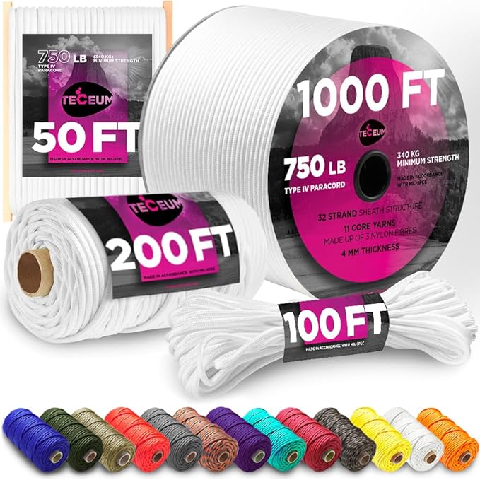TECEUM Reflective Paracord Rope 1000 – 1000ft/200ft/100ft/50ft – 40+ Colors – Glow in The Dark – para Cord – Utility Rope for Survival, Hunting & Camping Gear – Nylon String, Camping Rope, Tent Cord