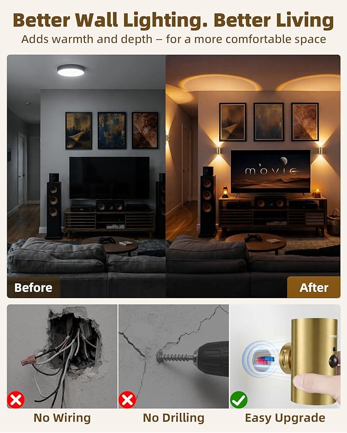 EZVALO Motion Sensor Wall Sconce with Remote, Battery Operated 4000mAh Rechargeable Wall Light, 3 Color Temperatures & 12 RGB, Up & Down LED Lighting for Hallway, Stairway (Brass Gold, 1 Pack)