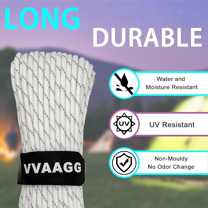 VVAAGG Reflective Paracord Rope 100FT, 7 Strand Nylon para Cord Lanyard Utility 550 Parachute Cord, 4mm Thin Tent Rope for Outdoor Camping Hiking