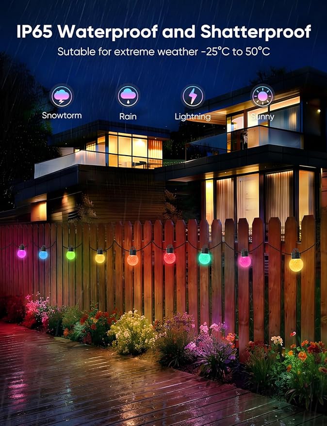 APPECK Outdoor String Lights 150ft, RGBW Color Changing Patio Lights with 75 Dimmable LED Bulbs, 111 Scene Modes, IP65 Waterproof Lighting for Outside, Party, Backyard, Pool, Compatible with Alexa