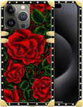 Compatible with iPhone 16 Pro Case, Vector Red Rose Green Leaf Luxury Golden Decoration for Girl Women Soft TPU Shockproof Protective Hard PC Back