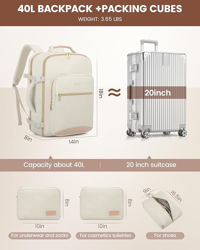 LOVEVOOK Travel Backpack for Women & Men 40L,Airline Approved Carry On Backpack Travel Essential,TSA Carry on Luggage,Waterproof Personal Item Travel Bag,Suitcase with 3 Packing Cube,Beige-Flesh beige