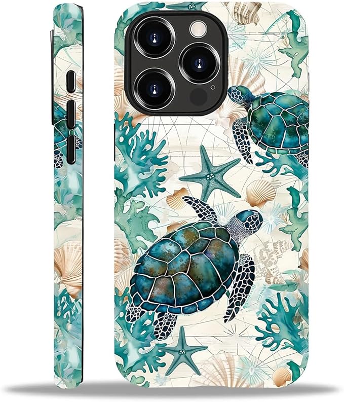 for iPhone 12/12 Pro Case,HH2 Ocean Sea Turtle Nautical Map Hybrid 2 Layer Hard Shell Silicone Protective Pattern Design Case