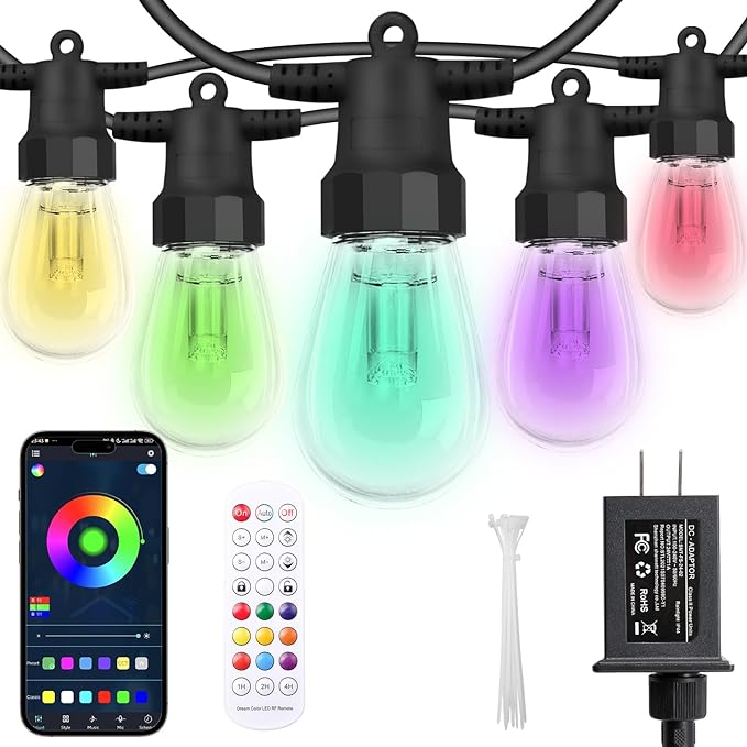 CAWWS Outdoor String Lights 75FT, Outdoor Lights for Patio with 30 Dimmable RGBW LED Bulbs, IP66 Waterproof Shatterproof, with APP Control & Remote, 24V Adapter Color Change,for Backyard Decor