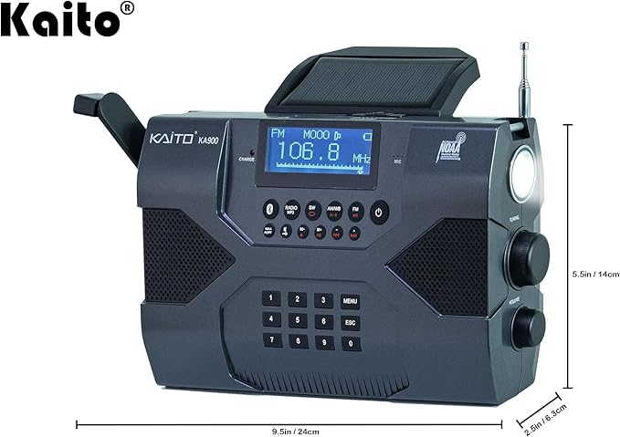 Kaito Emergency Radio Voyager Max KA900 Digital Solar Dynamo Crank Wind Up AM/FM/SW & NOAA Weather Stereo Radio Receiver with Bluetooth, Real-time Alert, MP3 Player, Recorder & Phone Charger, Black