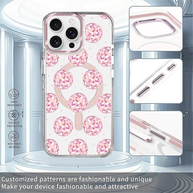 Case for iPhone 13 Pro Max,[Compatible with MagSafe],Disco Balls Pink Phone Case Design，for Women Girls Magnetic Clear Cover - Slim, Sleek, & Shockproof Protection