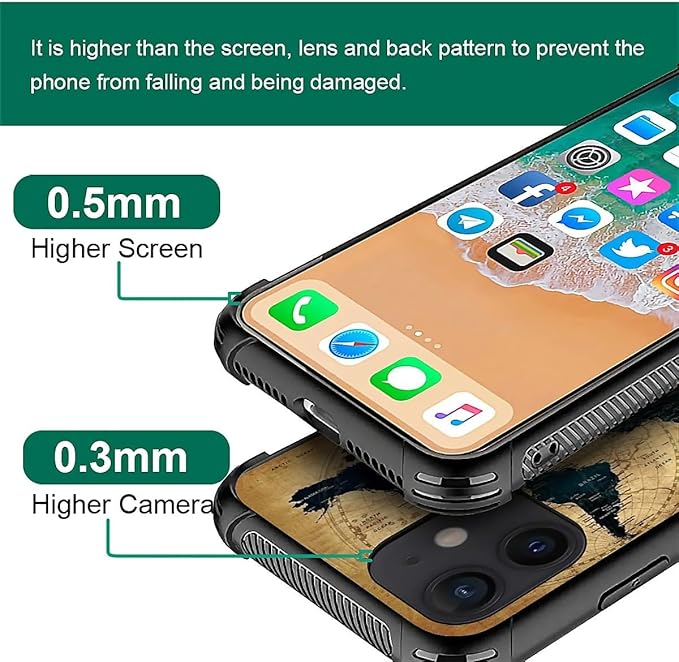 for iPhone 12 Mini Case, Brown World Map Pattern Made of Soft Silicone Hard Acrylic Shock Protection for iPhone 12 Mini