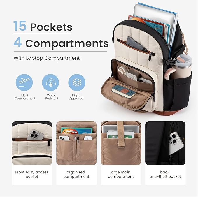 LOVEVOOK Laptop Backpack for Women with Giant Tumbler Holder Pocket,15.6 Inch Puffer Travel College Work Backpack Purse for Teacher Nurse,Waterproof Laptop Bag Computer Back Pack Daypack,Pink-Black